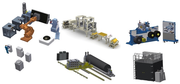 A new lab plant layout: AFP/ATL Robot Solution, Prepreg Making Line, Prepreg Slitting and Rewinding Unit, Floor Bed Filament Winding machine and Stationary Curing Oven. © Mikrosam